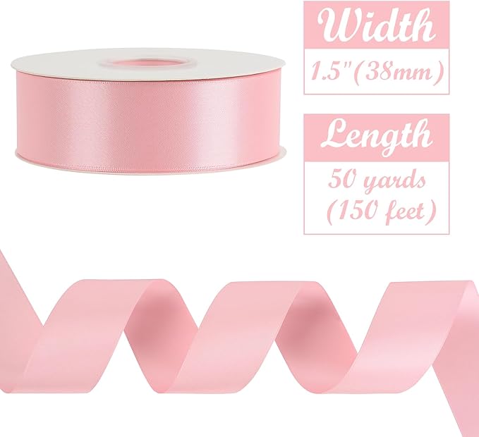 HUIHUANG Pink Satin Ribbon 1-1/2 inch x 50 Yards Double-Faced Silk Like Ribbon for Flower Bouquet, Eternal Flowers, DIY Crafts, Party Favors, Bridal Shower Wedding Decor, Gift Wrapping, Bows