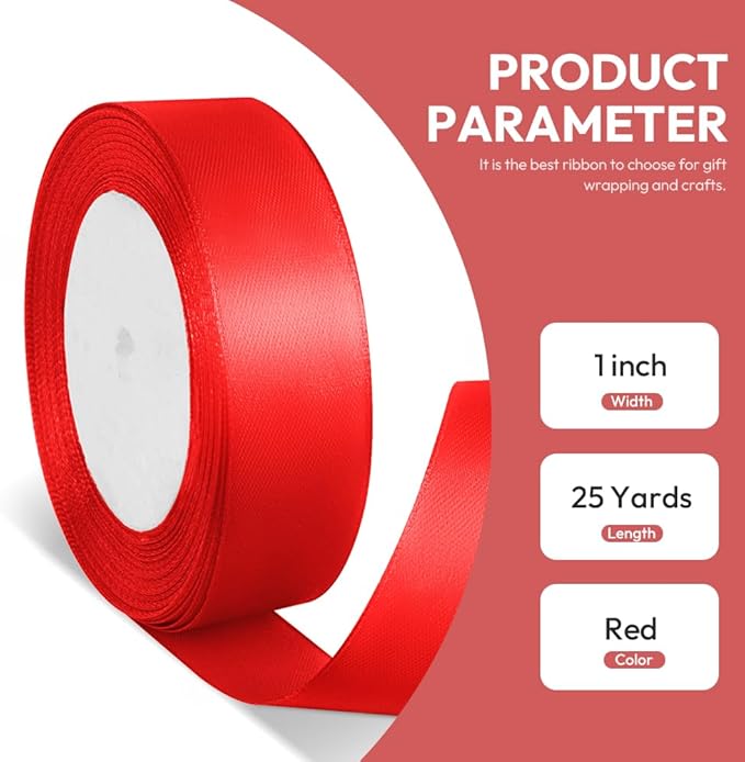 1" x 25 Yards Satin Ribbon, Red Silk Ribbon Ideal for Gift Wrapping, Floral Bouquets, Crafts, Wedding Party Decorations, Christmas and Sewing Projects