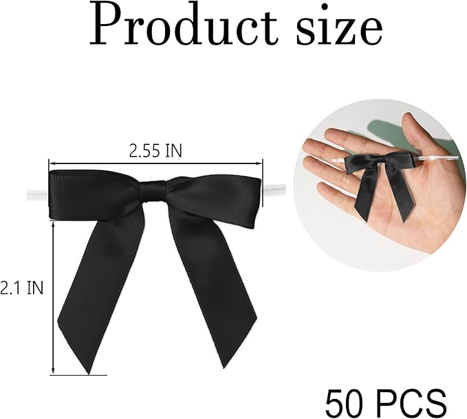 50Pcs Black Twist Tie Bows for Gift Wrapping 2.5" Satin Ribbon Bow for Treat Bags Cake Balloons Birthday Party Favors Wedding Decorations
