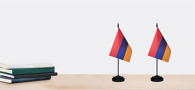 Armenia Armenian Deluxe Desk Flag Set Small Mini Miniature Armenia Armenian Table Desktop Flags With Solid Pole, Black Base and Spear Top(2 Pack)