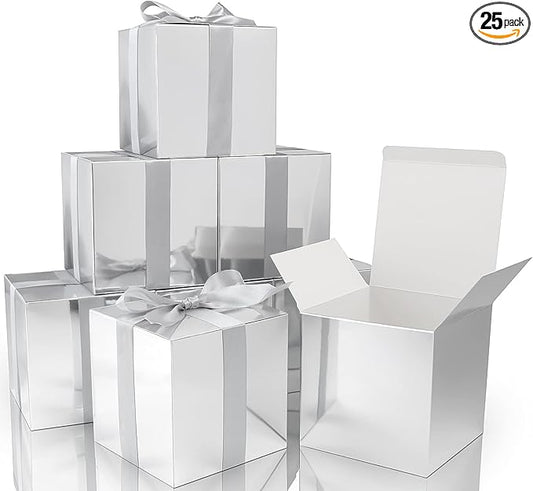 COTOPHER Small Gift Boxes 25 Pack 5x5x5 inches Silver Gift Boxes with Lids for Gifts, Crafting, Wedding Party Favor, Cupcake Boxes, Candy, Bridesmaids Proposal Box with Ribbons and Stickers