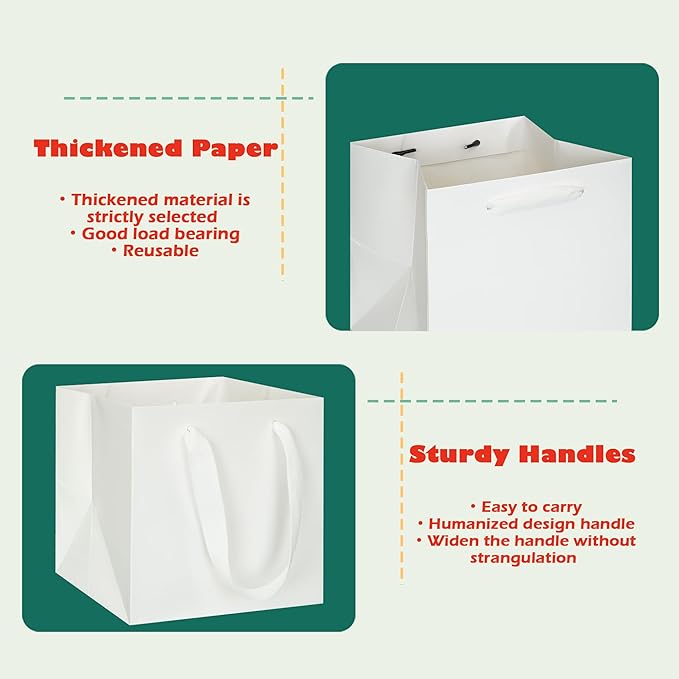 ADIDO EVA White Square Gift Bags Small Size Square Bottom Paper Bags with Handles for Party Favor, Shopping Bag (6x6x6 In, 10 CT)