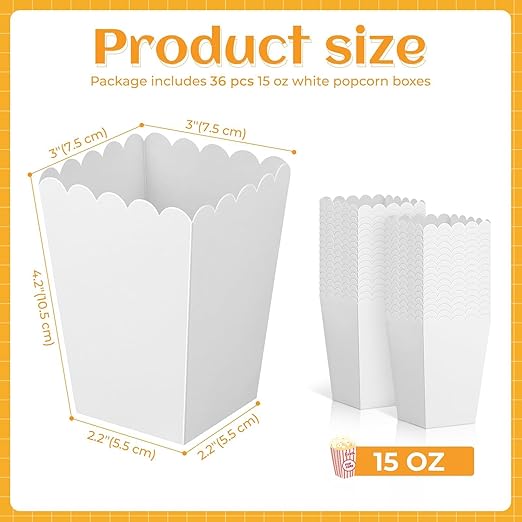 36 Pack Mini Popcorn Boxes for Party, Small Popcorn Cups Disposable for Movie Night, Carnival, Theater - Bulk White Popcorn Containers, 3 x 4.2 x 2.2 Inch