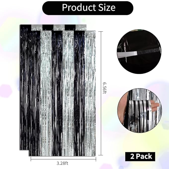BEISHIDA 2Pcs Black Silver Door Streamers Congrats Grade 2025 Decoration Backdrop Foil Fringe Tinsel Party Streamers Curtains for Birthday Graduation Bachelorette Party Decoations (3.28 ft x 6.56 ft)