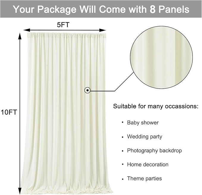 40 ft x 10 ft Wrinkle Free Ivory Backdrop Curtain for Wedding Parties, Polyester Ivory Photo Backdrop Drapes 8 Panels 5x10ft for Baby Shower Photoshoot Engagement Birthday Party Photography Background