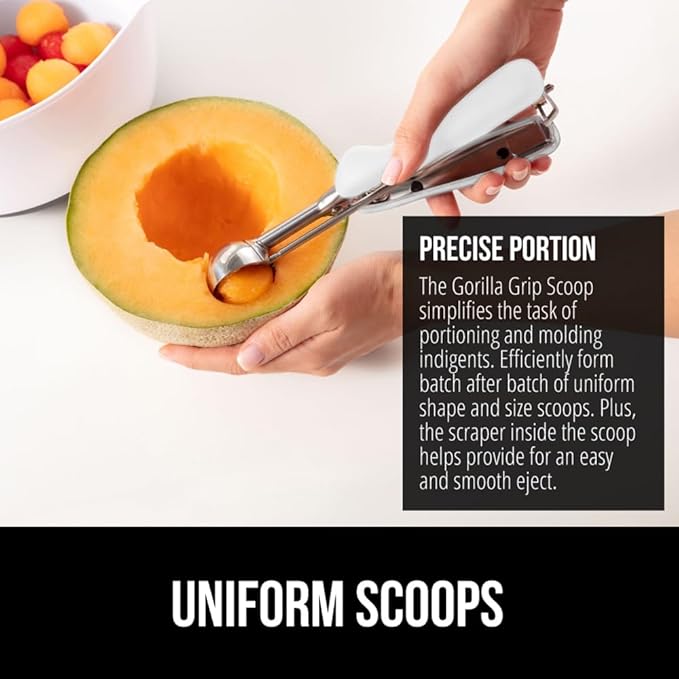GORILLA GRIP Stainless Steel Multipurpose BPA-Free Spring Scoop, 3 TBSP, Melon Ballers, Cookie Dough Scoops, Perfect Portion Sizes, Easy Squeeze and Clean Release, Scooper Size 20, White