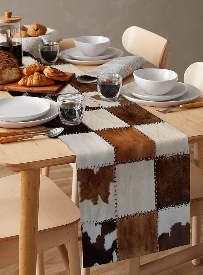 Abstract Cowhides Cotton Linen Table Runner for Dining Kitchen, Wedding Outdoor Party Tablerunners Decoration, Brown Beige Animal Fur Texture Dresser Scarf Coffee Tablecloth Runners 13x90 Inches