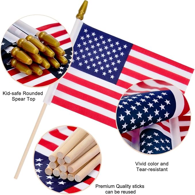 12 Pcs 8x12 Inch American Flags on Stick, Small US Wood Stick Flag with Kid-Safe Spear Top, American Flags for Outside, Memorial Day Decorations, 4th of July Decorations, Veterans Day Decor