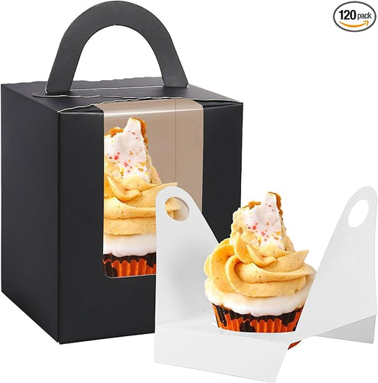 JCD Black Cupcake Boxes Individual 120 Packs Cupcake Holders Disposable Single Cupcake Boxes with Window and Insert Muffins Cupcake Carriers Holder Cookie, Dessert, Donuts, Cupcakes (Black/120Pcs)
