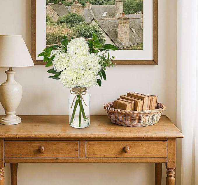 Hollyone White Hydrangea Artificial Flowers in Clear Glass Vase with Faux Water Silk Hydrangeas Fake Flowers Floral Arrangement for Home Bathroom Kitchen Office Table Centerpiece Shelf Decorations