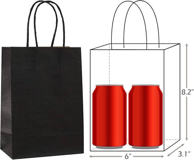 25 PCS Small Gift Bags Black Kraft Paper Bags with Handles for Party Favor (8.2 x 6 x 3.1 In)