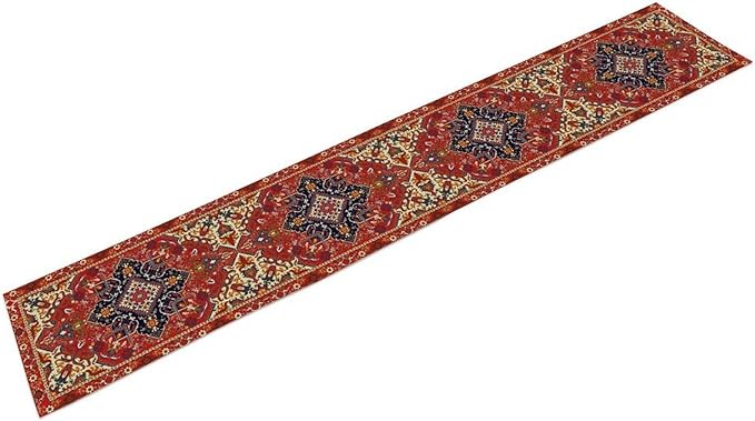Boho Old French Table Runner, Vintage Red Beige Retro Flower Rustic Country Style Floral Print Pattern for Home Kitchen Table Decor Dining Coffee Room Garden Party Decor 13x72in