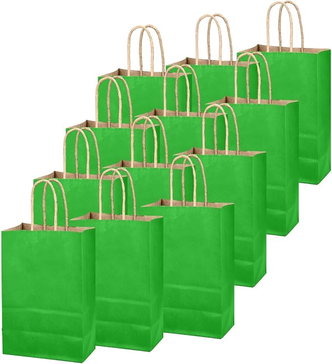 qiqee Bamboo Green Gift Bag with Handles Bulk 24Pcs Paper Bags -8.3"x6"x3. 15" Party Favor Bags - Solid Color