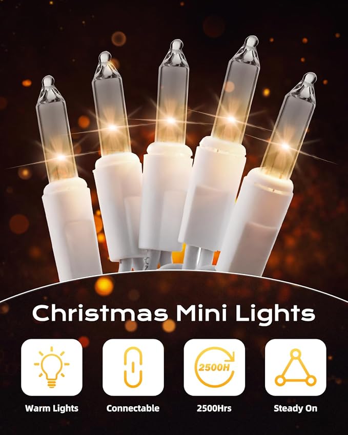 Brightown-Christmas-String-Lights, 100-Count 26.5ft Clear Incandescent Bulb Mini Lights for Indoor Holiday Decor, Christmas Tree Garland Wedding Party Multi-Use Decoration, White Wire