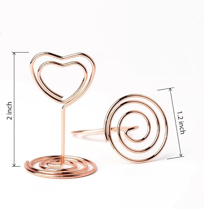 20pcs Mini Place Card Holders, Wire Table Picture Photo Holders with Heart Shaped Menu Memo Clips for Wedding Favors (Rose Gold)