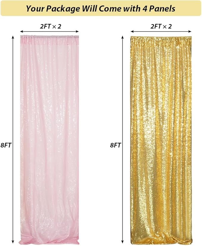 4 Panels Gold&Pink Sequin Backdrop Curtain 2FTx8FT Glitter Sequin Backdrop Curtains for Birthday Party Wedding Decoration