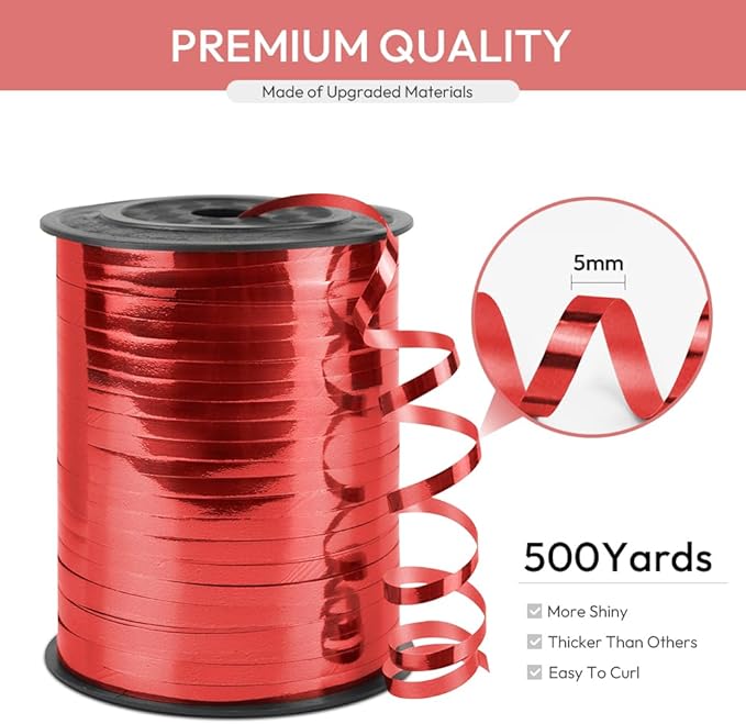 Red Curling Ribbon, 1/5" Wide x 500 Yards Christmas Curling Ribbons for Gift Wrapping, Party Decoration, Balloon String, Hair, Ribbons for Florist Flower (1 Roll)