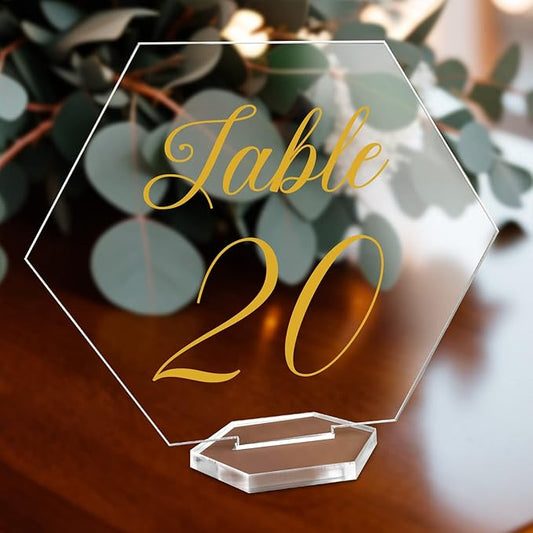 OurWarm Large Acrylic Wedding Table Numbers 1-20, Gold Printed Calligraphy Place Cards with Stand, Hexagon Multi-functional Clear Acrylic Sign and Holder, Ideal for Wedding Reception Events