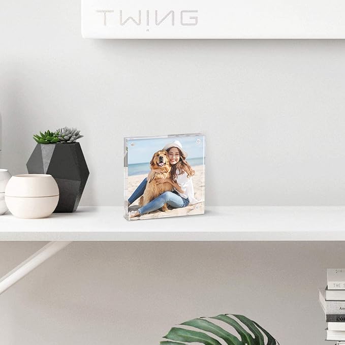 TWING 3 Pack 4 x 6 Acrylic Frame,Acrylic Picture Frames Horizontal Magnet Double Sided 4x6 Picture Frame,10+10MM Thick Clear Frameless Desktop Display Magnetic Block Photo Frame Gift Ideal