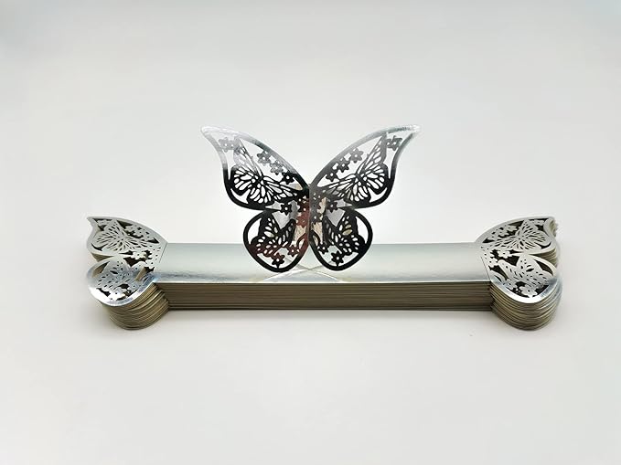 Butterfly Silver Paper Napkin Rings Set of 100 pcs，3D Laser Cut Foil Cutout Paper Napkins Holder,Disposable Serviette Rings for Tables,Decorations,Wedding,Dinner,Party Decor (Silver)