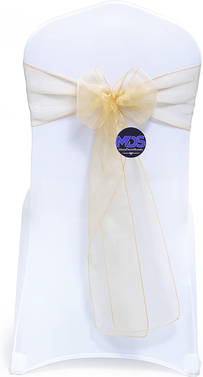 MDS Pack of 150 PCS Organza Chair Sashes Wider Dining Chair Bows Ribbon Tie Back for Wedding Party Birthday Bridal Shower Reception Event Banquet Home Chair Cover Decoration - Beige