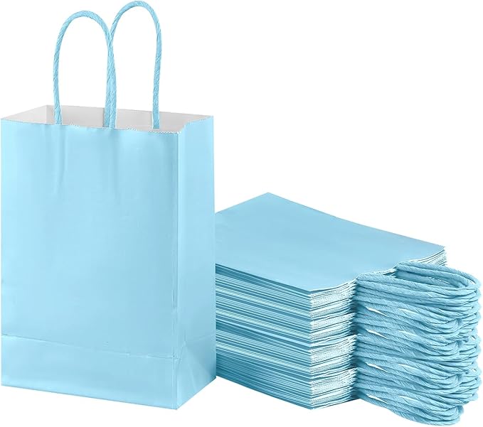 piqiya Small Plain Natural Paper Kraft Gift Bags with Handles Light Blue Paper Bags for Eid Birthday Party Grocery Retail Business Goody Craft Bag (Blue，24pcs)