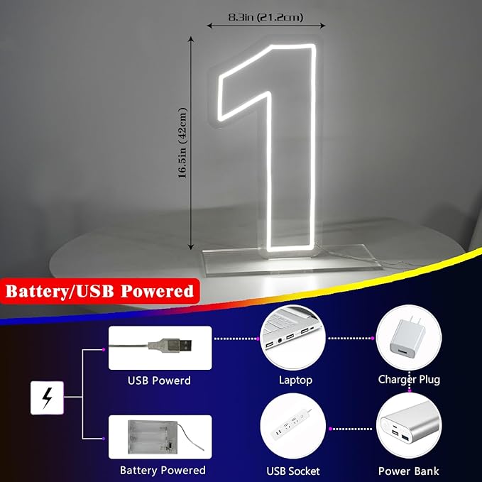 Number 1 Neon Sign for First Birthday, 16.54" Cool White USB Battery Powered One Neon Sign for Party Wedding Anniversary Decor Light Sign (Number 1)