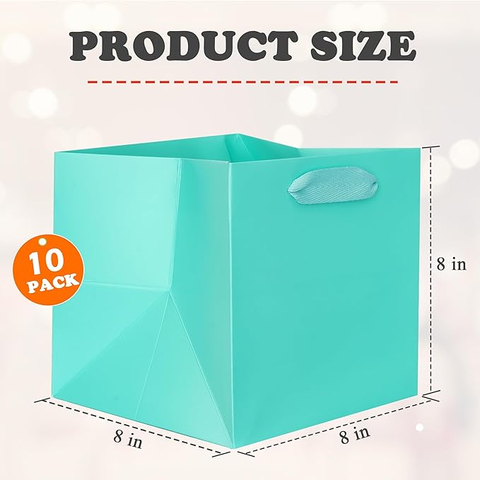ADIDO EVA Teal Blue Square Gift Bags Small Size Turquoise Square Bottom Paper Bags with Handles for Party Favor, Shopping Packaging Bags (8x8x8 In, 10 CT)