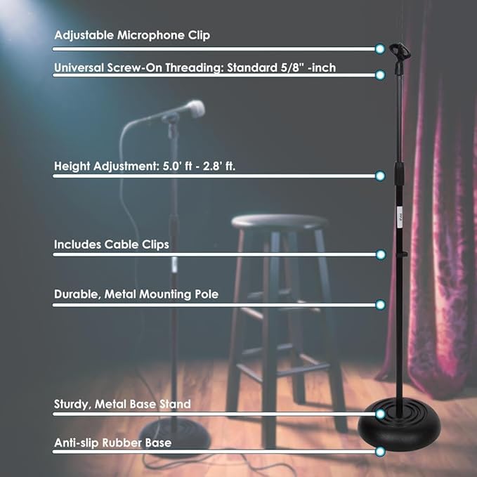 Pyle Adjustable Microphone Stand - Universal Mic Stand with Compact Heavy Base, Floor Standing Design, Height Adjustable, Pivot Angle Clip for Singing & Recording (2.8’ - 5’ ft., 9.8” Base Diameter)