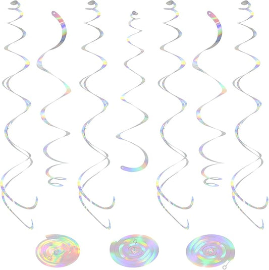24 PCS Iridescent Hanging Swirl, Shinny Holographic Ceiling Decorations, Plastic Streamer Party Decorations with Double-Swirls and Single-Swirls for Birthday Decorations, Wedding, Baby Shower