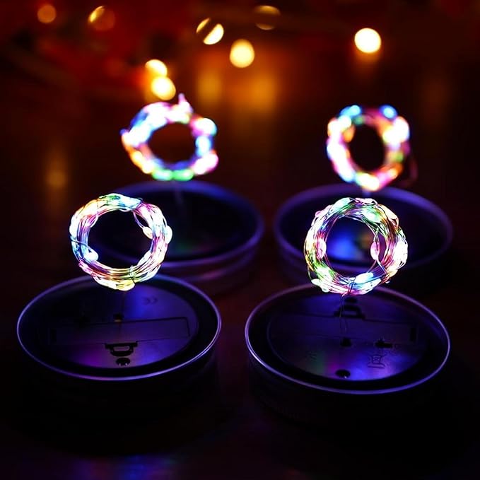 VOOKRY 6 Pack Solar Mason Jar Lights, 30 LED Mason Jar Lids Waterproof Firefly Fairy String Lights with 6 Hangers(No Jars), for Outdoor Patio Garden Yard Lawn Party Wedding Decoration - Multicolor
