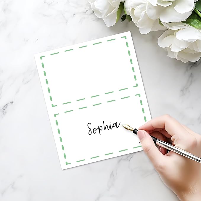 25 Pack Green Lines Place Cards, Editable Name Cards for Table Setting, Tent Cards Food Label for Dinner Party, Bridal Shower, Wedding, Baby Shower and Events -T20