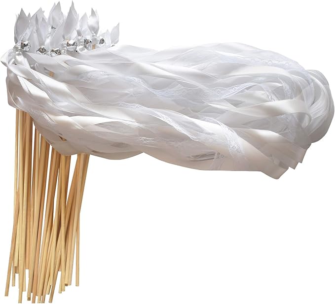 Kingsnow 50 Pack White Lace Ribbon Wands Wedding Streamers with Silver Bells, Silk Fairy Stick Wish Wands for Wedding Send off Party Activities Holiday Celebration