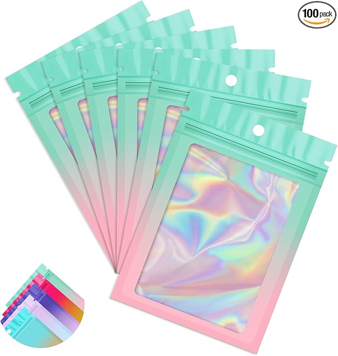 Funfery 100 Pack Gradient Holographic Bags,Mylar Resealable Bags with Zipper,Clear Window Packaging Pouchs,Foil Smell Proof Bag for Food Storage,Sample Jewelry Baggies(4×6In,Green Pink)