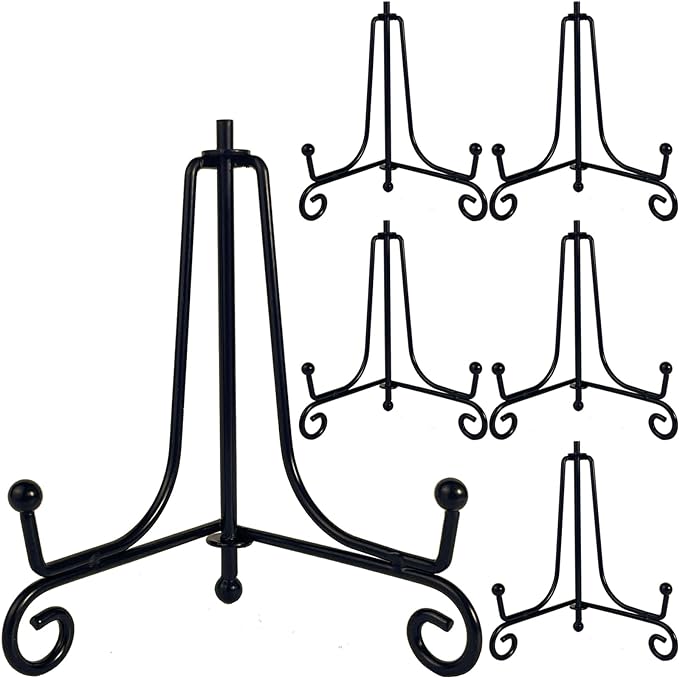 6PCS Premium Black Iron Plate Stands for Display 4 Inch, Decorative Solid Metal Plate Holders for Displaying, Mini Easel, Frame, Book, Card, Plaque, Bowl, Picture Stands for Display