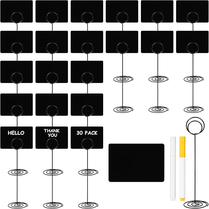 30 Pack Mini Chalkboard Signs 4"x3" Small Chalkboard Label with Metal Stand Chalk-Board Signs Tabletop with 2 Water Based Chalk for Food Buffet Party, Blackboard for Message Board Si-gns, Black