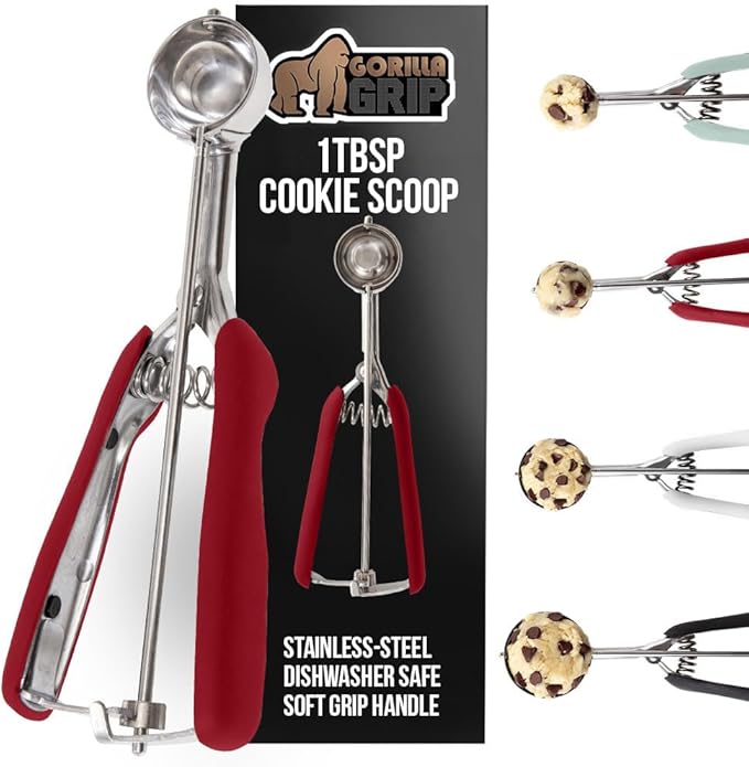 GORILLA GRIP Stainless Steel Cookie Scoop for Baking, 1 TBSP, Multipurpose Melon Baller, Meatball Spring Scoops, Perfect Portion Sizes, Easy Food Release, Scooper Size 60, BPA-Free Kitchen Tool, Red