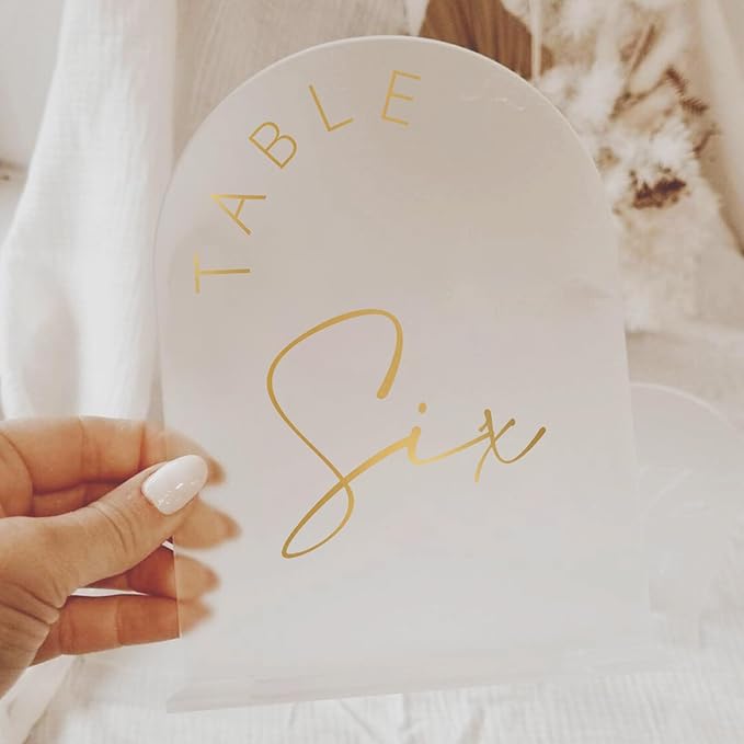 JINMURY Frosted Arch Wedding Table Numbers 1-25 with Stands, 5x7 Inch Acrylic Arch Sign with Golden Lettering, Frosted Acrylic Table Numbers for Wedding Reception