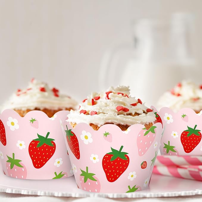 Whaline 36Pcs Strawberry Cupcake Wrappers Red Pink Strawberry Flower Cupcake Liners Decorative Cupcake Holders for Birthday Baby Shower Party Cake Decoration