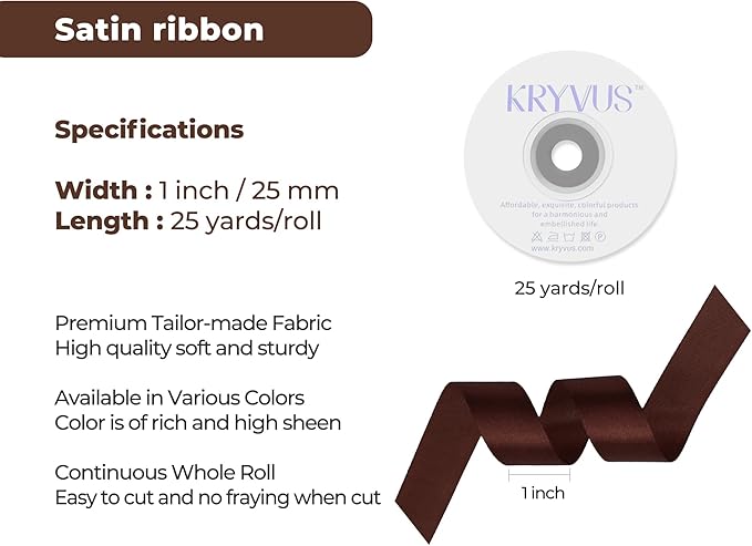 Dark Brown Satin Ribbon 1 inch X Continuous 25 Yards, Single Face Polyester Ribbon Perfect for Gift Wrapping, Flower Bouquet, Wedding Decor, Crafts, Bow Making, Sewing and More