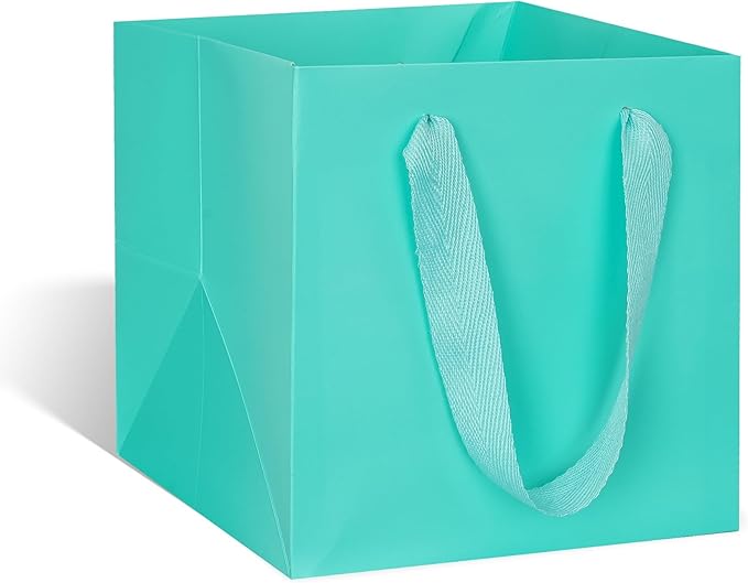 ADIDO EVA Teal Blue Square Gift Bags Small Size Turquoise Square Bottom Paper Bags with Handles for Party Favor, Shopping Packaging Bags (8x8x8 In, 10 CT)