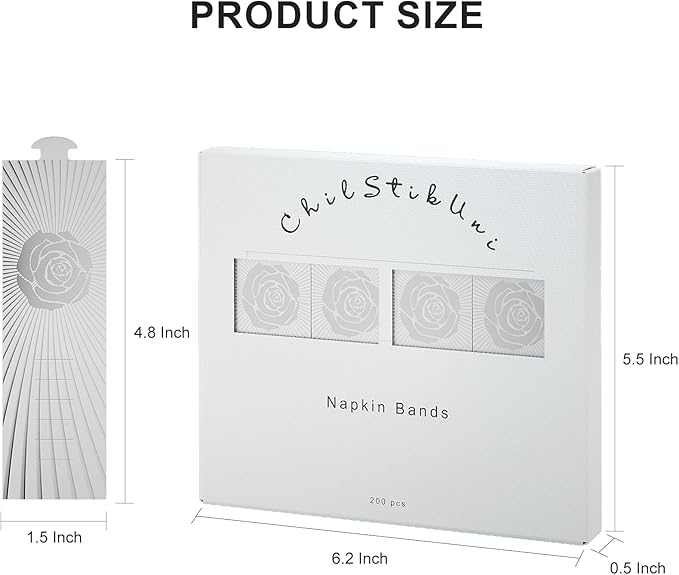 Polymer Material Reusable Napkin Band, Glue-Free Tear-Proof Water Resistant Oil-Proof Napkin Bands Set of 200(Front Silver Rose and Back Silver Color), 6 Adjustable Sizes Napkin Rings