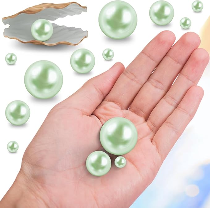 150Pcs Light Green Polished No Hole Faux Pearl Beads for Vase Filling Decorations, Plastic Pearls Vase Fillers, Table Scatters, Wedding Centerpiece, Home Decor, 8/14/20 mm