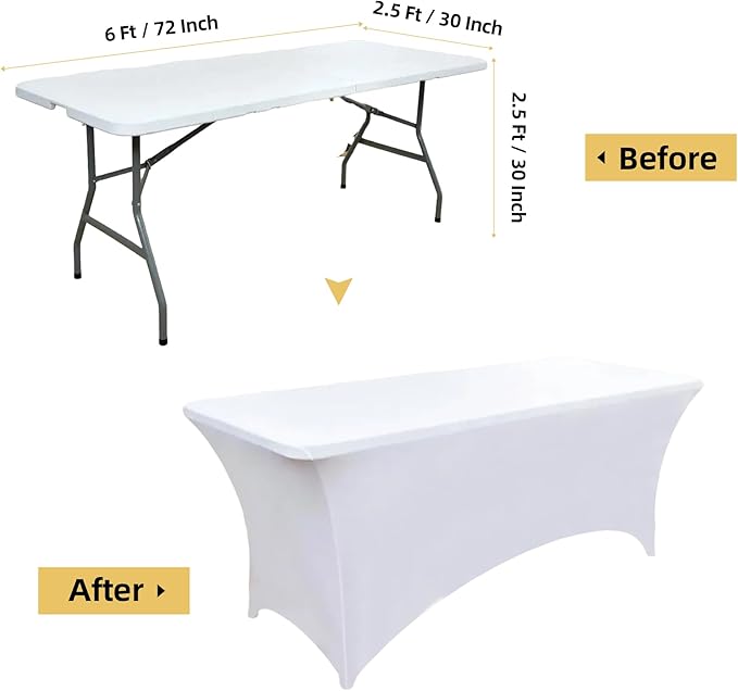 6-Pack 6ft White Spandex Table Covers for Rectangle Standard Folding Tables - Wrinkle Resistant Stretch Tablecloths - Ultimate Fitted Table Protector for Parties, Trade Shows, Wedding