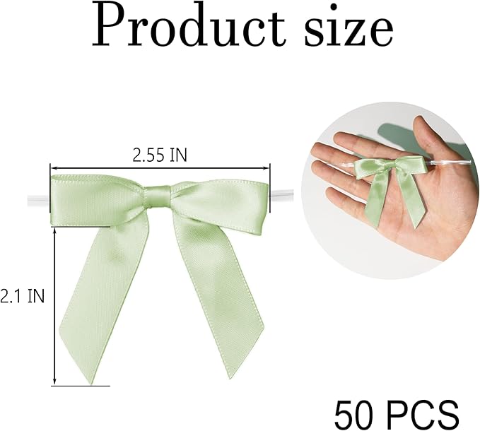50Pcs Olive Green Twist Tie Bows for Gift Wrapping 2.5" Satin Ribbon Bow for Treat Bags Cake Balloons Birthday Party Favors Wedding Decorations