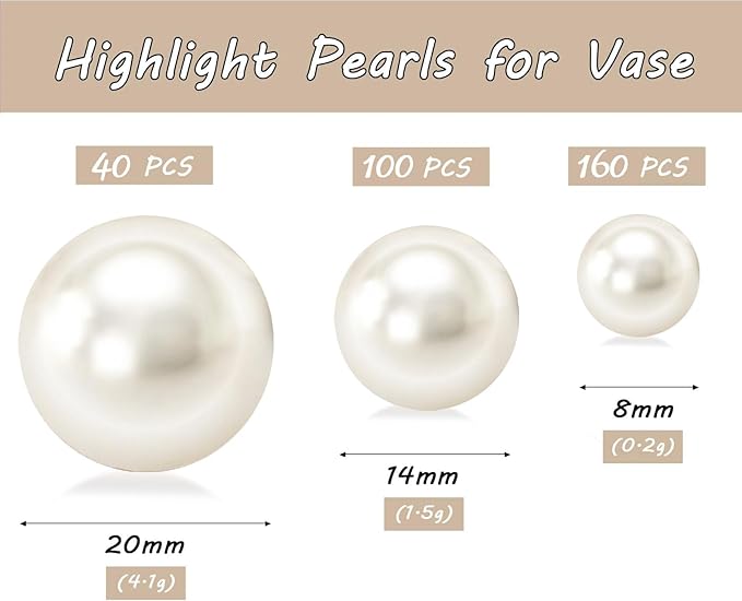 300Pcs Cream Polished No Hole Faux Pearl Beads for Vase Filling Decorations, Plastic Pearls Vase Fillers, Table Scatters, Wedding Centerpiece, Home Decor, 8/14/20 mm