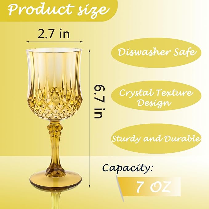 Plastic Wine Glasses，Plastic Goblets Vintage Style Cordial Drinking Glasses for Wedding Reception, Grand Event Party Supplies (24, Gold)