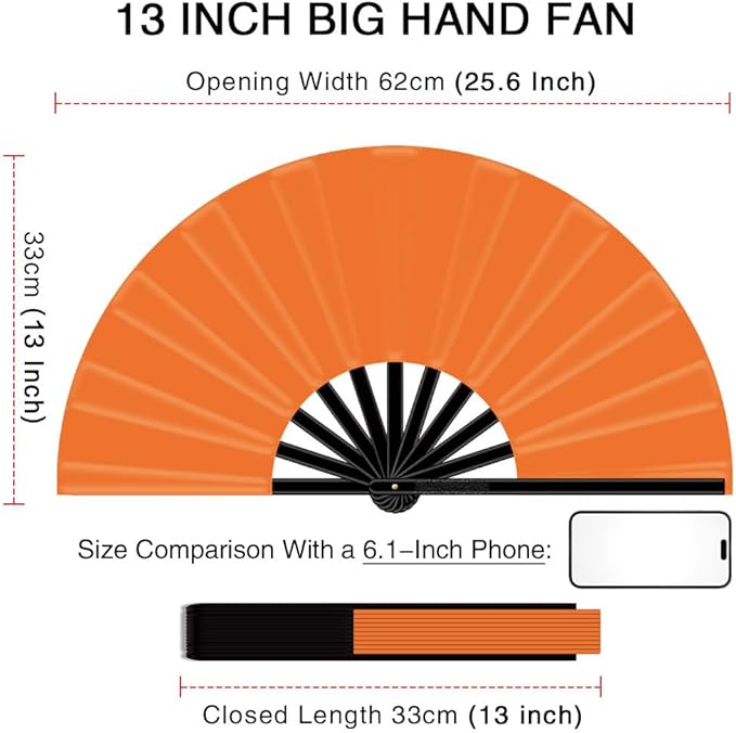 13" Large Folding Rave Fan with Holster, Clack Hand Fans Foldable for Line Dancing, Boots On The Ground Fan for Women Men Festival EDM Party Decoration, Orange