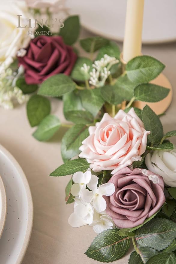Ling's moment 5FT Dusty Rose Artificial Flower Garland Blush Rose Leaves Floral Garland Arch Flowers Vine for Wedding Party Backdrop Decor Mantel Home Table Centerpieces Wall Decorations Cream