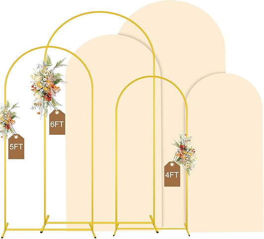 MODFUNS Metal Arch Backdrop Stand and Cover Set 4&5&6ft Beige Wedding Arch Covers Gold Arched Cover Set of 3 Chiara Arches Backdrop Cover for Wedding Ceremony Party Banquet Decoration